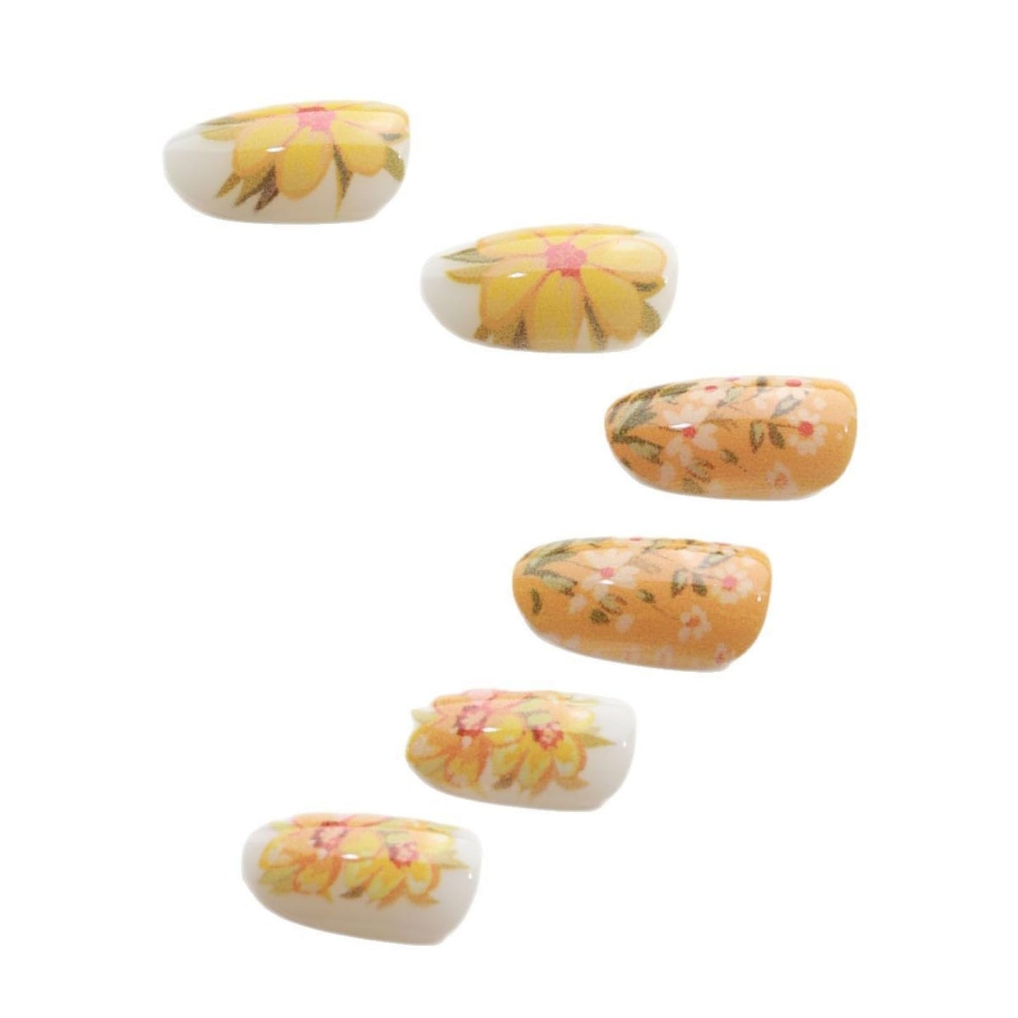 Short Press on Nails Almond Fake Nails Yellow False Nails Floral Artificial Nails with Flowers Designs Stick on Nails for Women 24pcs
