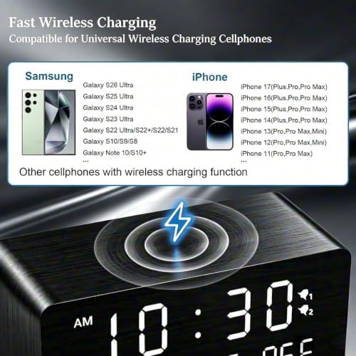 Premium Black Wooden Digital Alarm Clock with Wireless Phone Charger, Dual USB Charging Ports, Dimmable LED Display, Date and Day of Week, Small Digital Desk Clock for Bedroom Nightstand Bedside Table