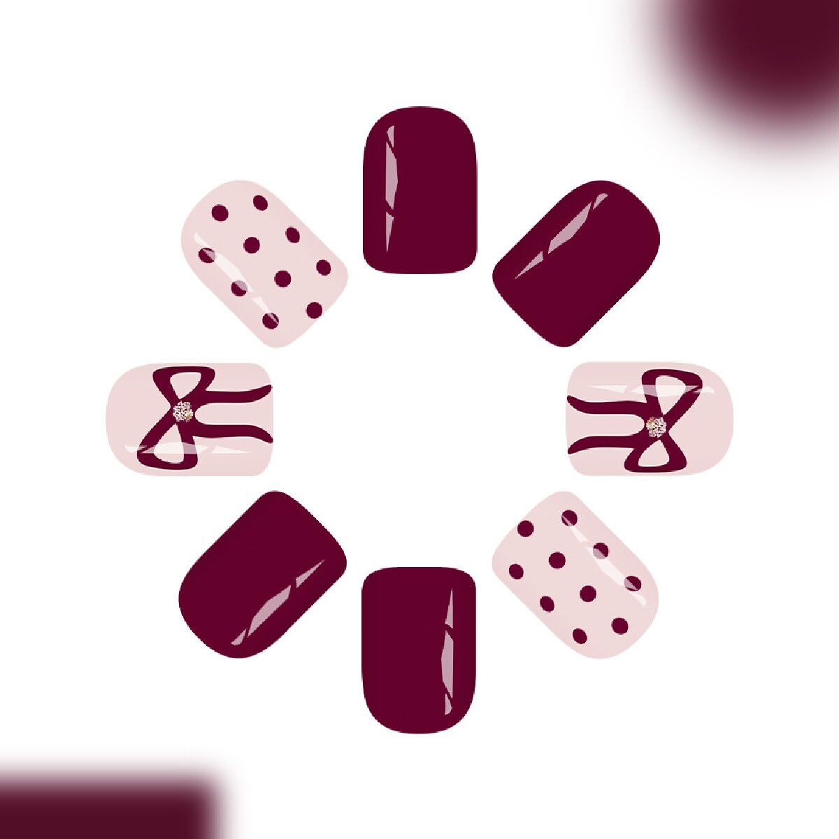 Square Press on Nails Short Dark Red Glossy Fake Nails with Bow Spot Design Full Cover Winter Stick on False Nails for Women 24 Pcs