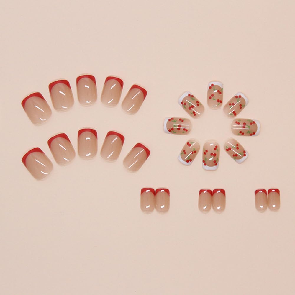 French Tips Press on Nails Pink Glossy Fake Nails Cute Cherry Designs Short False Nails Square Stick on Nails Full Cover Red White Nail Tips Acrylic Nail Art Kit for Women Manicure Decoration 24 Pcs