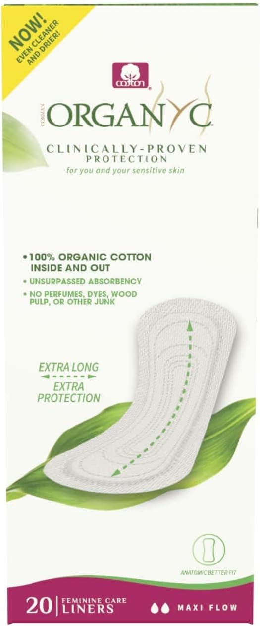Organyc 100% Certified Organic Cotton Inside and Out Flat Panty Liner - Everyday Sanitary Pad, Free from Wood Pulp, Perfumes, SAP and Chemicals - Maxi Flow, 20 Count