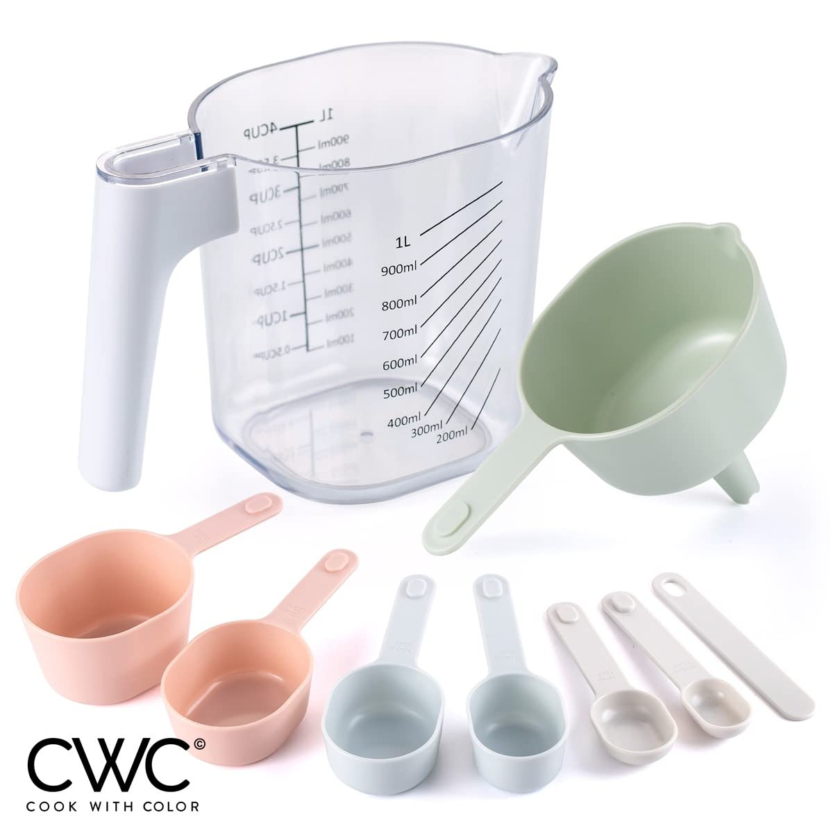 COOK WITH COLOR Measuring Cup Set - 9 PC. Nesting Stackable Liquid Measure Cup, Dry Measuring Cups and Spoons with Funnel and Scraper (Pastel)