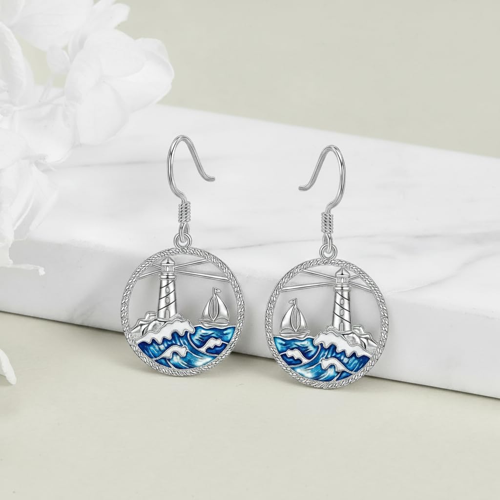 PROESS Lighthouse Earrings 925 Sterling Silver Ocean Wave Earrings Beach Jewelry Gift For Women Mother's Day