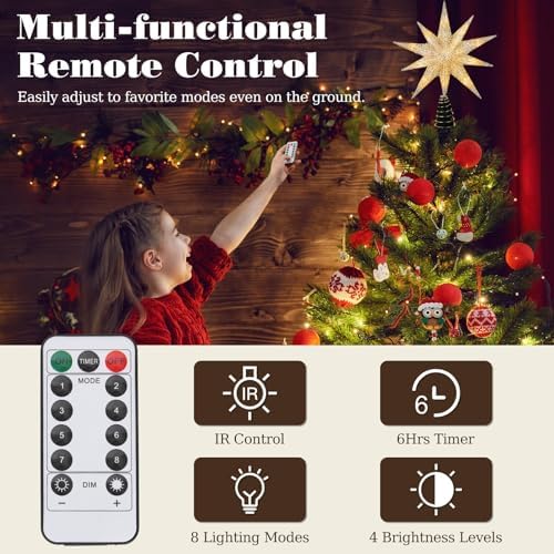 Lewondr Christmas Tree Topper Star, 13inch Xmas Tree Topper with LED Light Beads, Remote & USB Operated 10-Point Star Treetop for Home Christmas Decoration, 6H Timer & 8 Lighting Modes, Silver