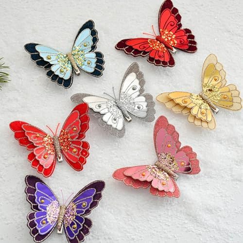 LEBETE Pack of 3 Double Layer Butterfly Christmas Tree Clips Accessory Elegant Fabric Ornaments for Holiday Decorations