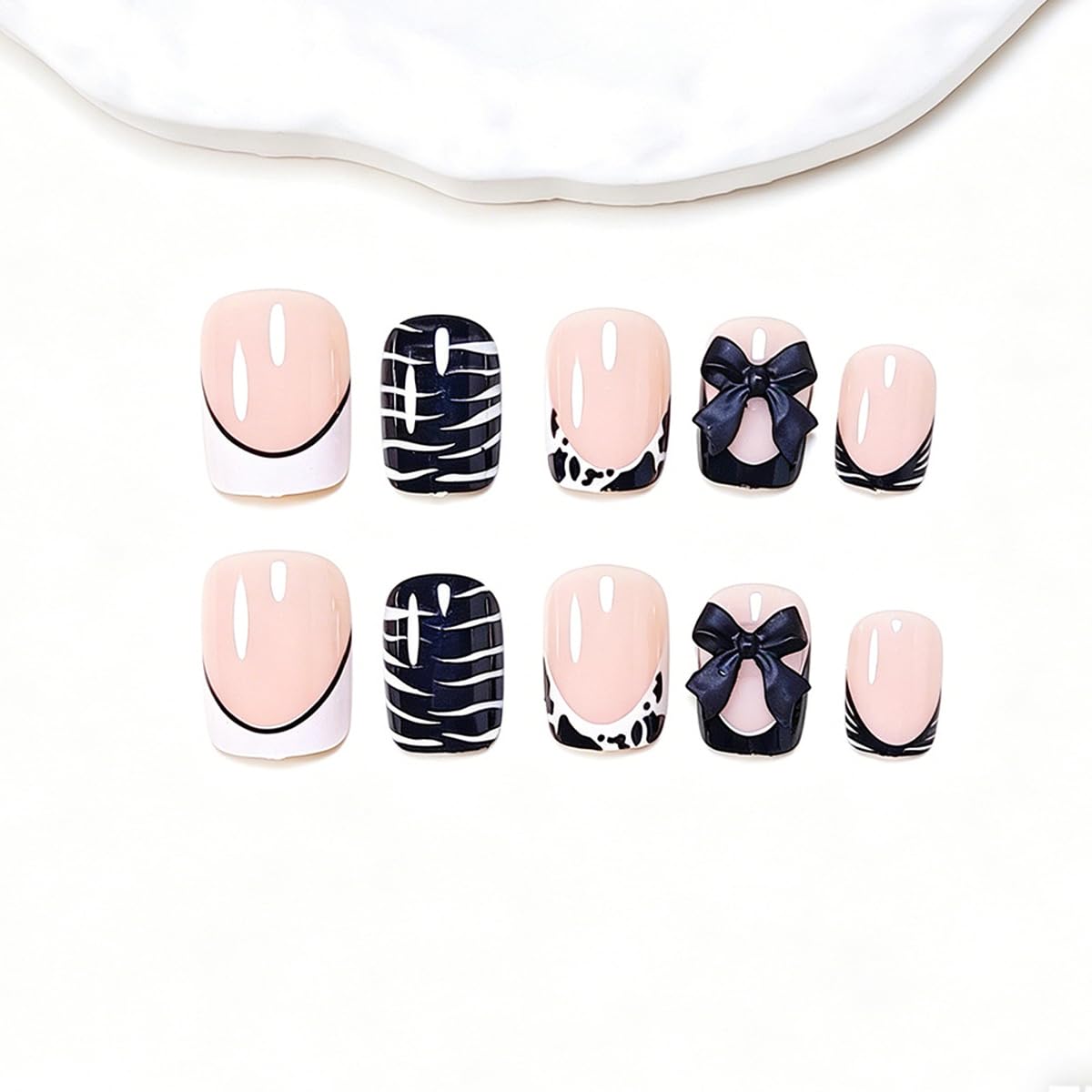 Short Square Press on Nails French Tip Fake Nails with Zebra Print & 3D Bow Design Nude Base Acrylic False Nails Reusable Glue on Nails for Women, Black White Manicure Kit with Jelly Glue, 24Pcs