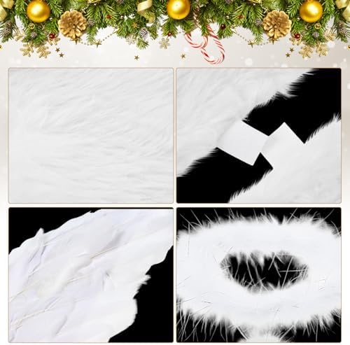Janinka 15 Pcs Angel Feather Wing Christmas Tree Decors, 2 Feather Wings Topper with Aureole Headband, 1 White Plush Xmas Tree Skirt, 12 Wings Christmas Ornaments for Home Wedding Decor