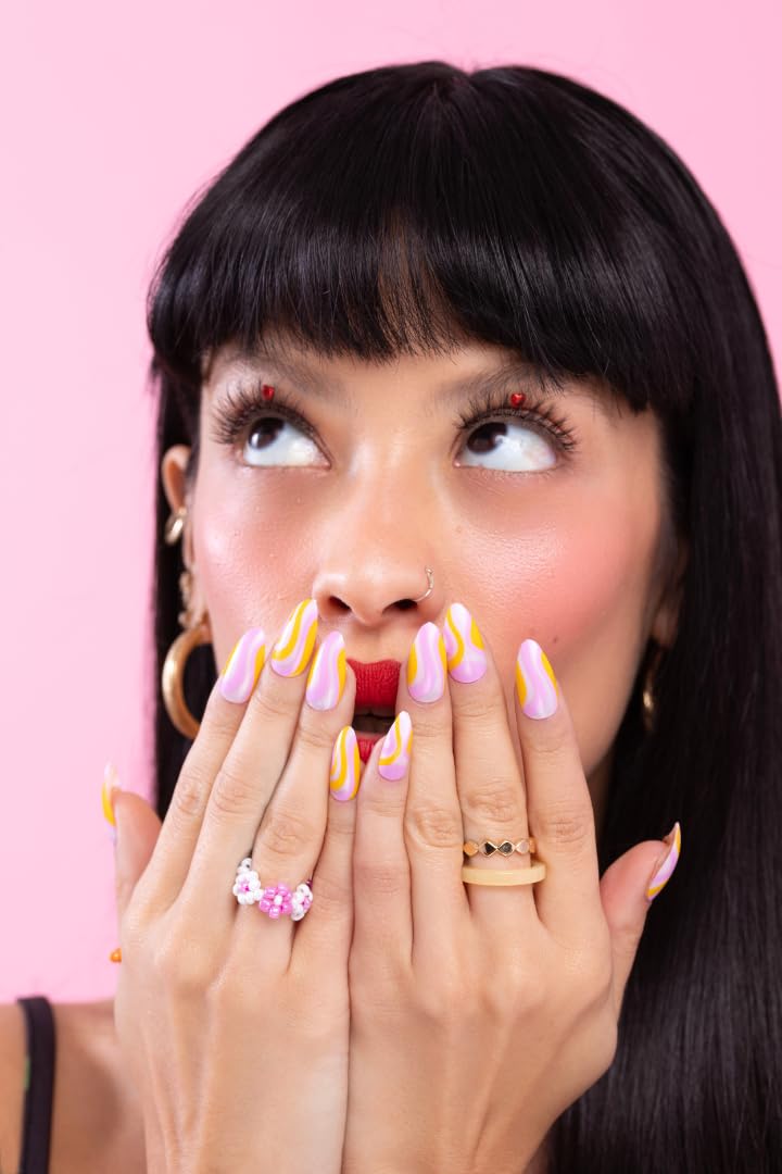 PaintLab Press On Nails - Orange Swirl Almond Fake Nails, 24 Nails in 12 Sizes with Glue, Reusable Salon Quality Press On Nails