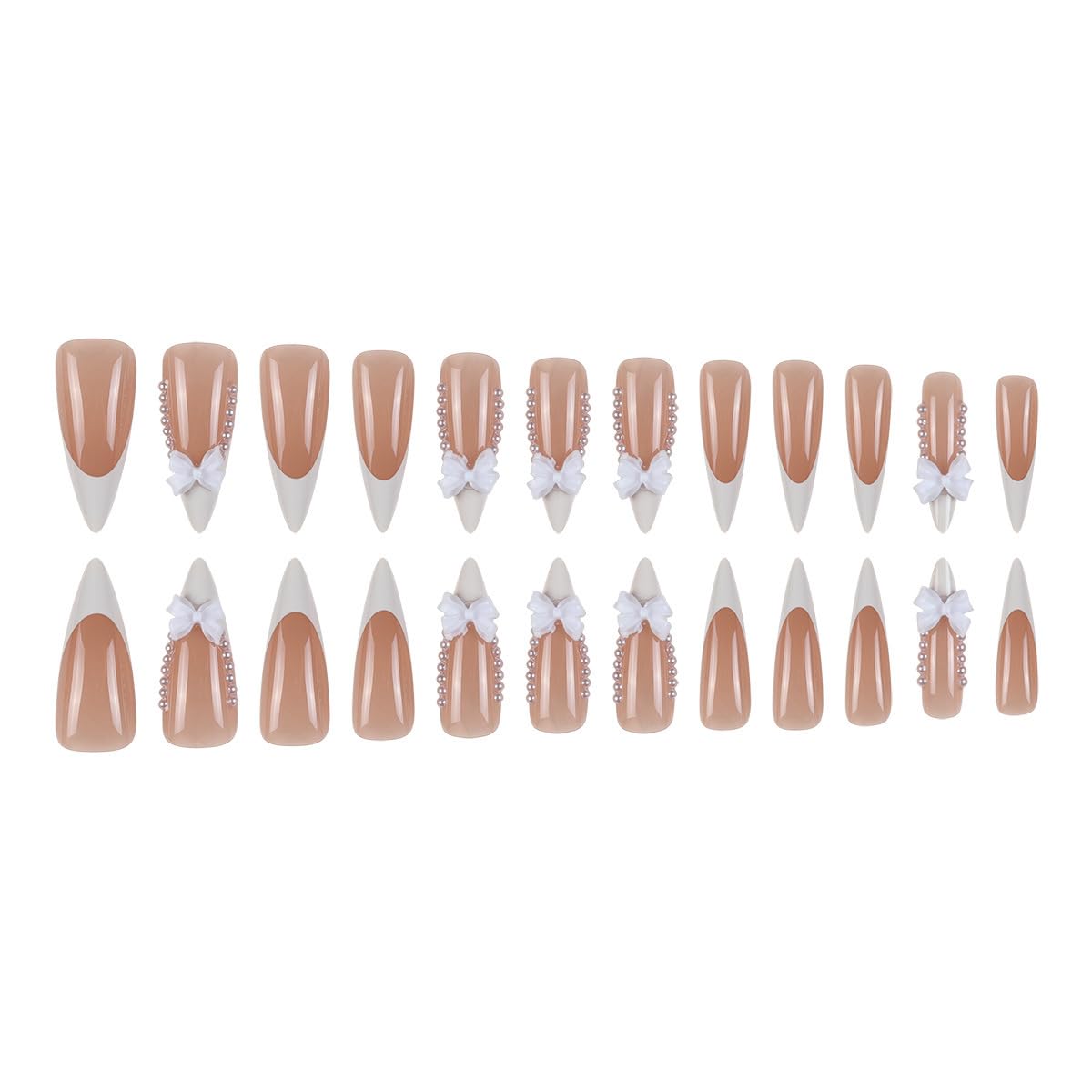 Valentine‘s Day Long Stiletto Press on Nails for Women - White French Tip with 3D Bow & Pearls, Dramatic Glossy Acrylic Fake Nails, Luxurious Full Cover Manicure Set, 24PCS