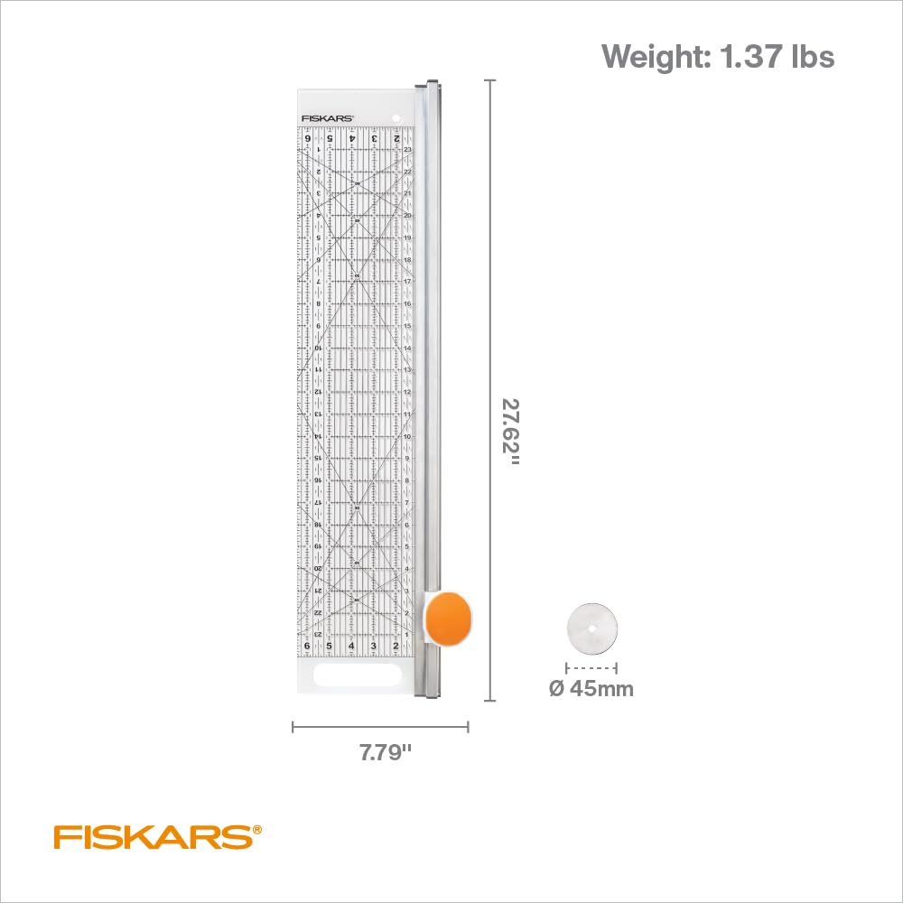 Fiskars Rotary Cutter and Ruler, Quilting Ruler, Rotary Cutter for Fabric, Built-In Measuring Grid & Spring-Action Blade, 24” x 6”, Gray/Clear