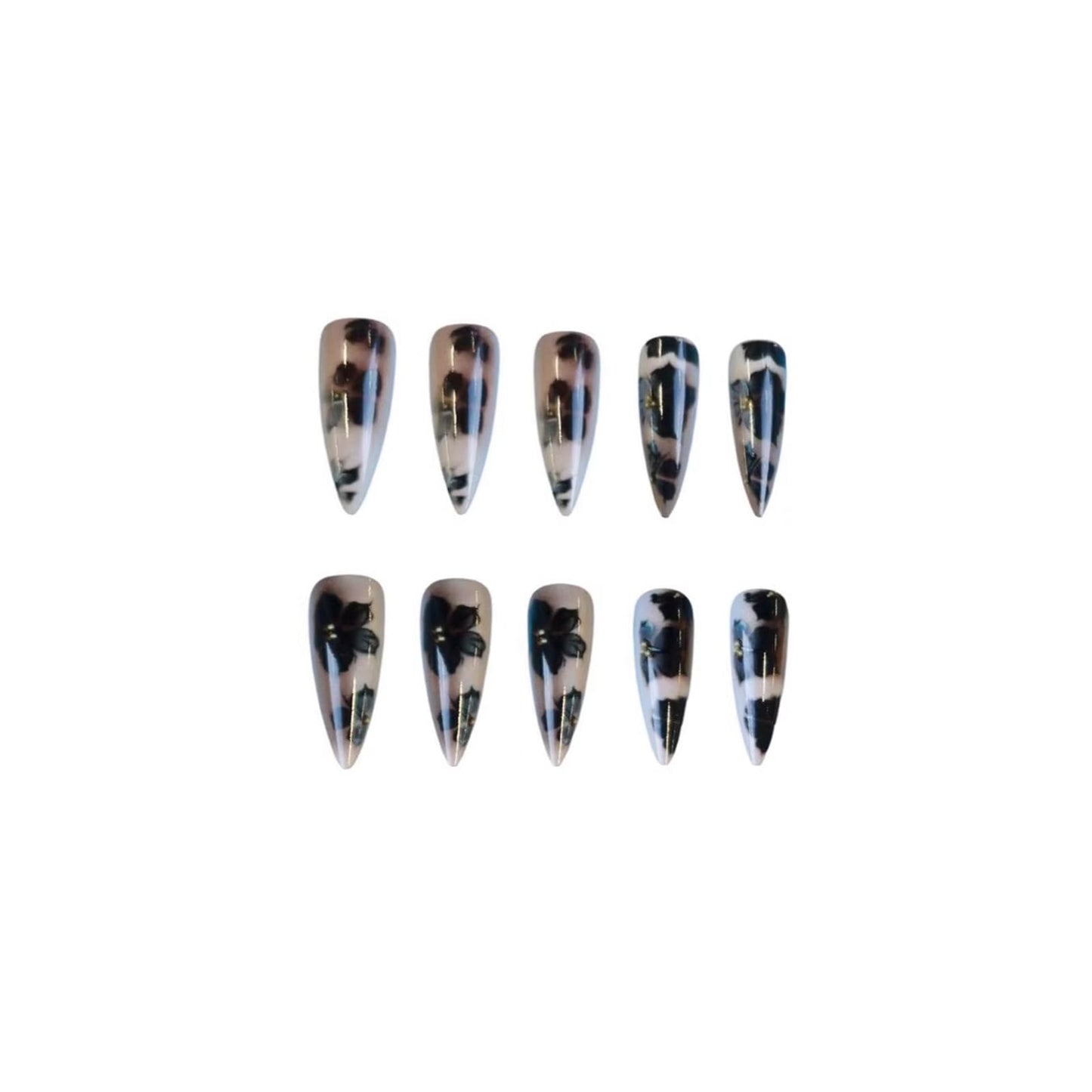 SINHOT Stiletto Press on Nails - Long Fake Nails, Matte Finish, Nude Black Flower & 3D Gold Pearls, Reusable Artificial False Nail Art - 24 Pcs Nail Kit with Glue