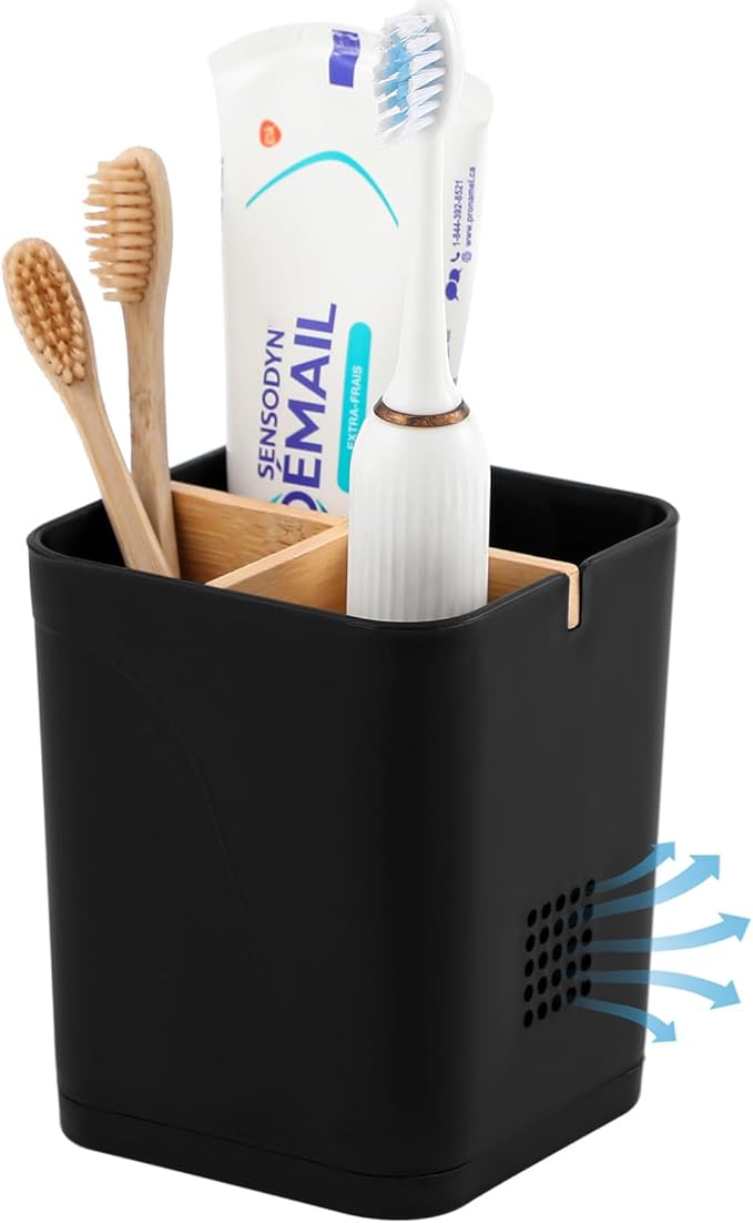 Electric Toothbrush Holder 3 Slots Tooth Brushing Holder with Bamboo Dividers for Bathrooms, Plastic Toothbrush and Toothpaste Organizer for Shower, Countertop, Vanity, Black