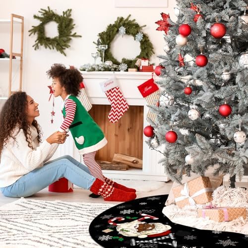 Tiamon Christmas Tree Skirt 48 Inch Black Santa Tree Skirt African American Xmas Tree Mat Decor Snowflake Joy Santa Claus Tree Decor for Winter Holiday Christmas Tree Decoration Supplies (Black)
