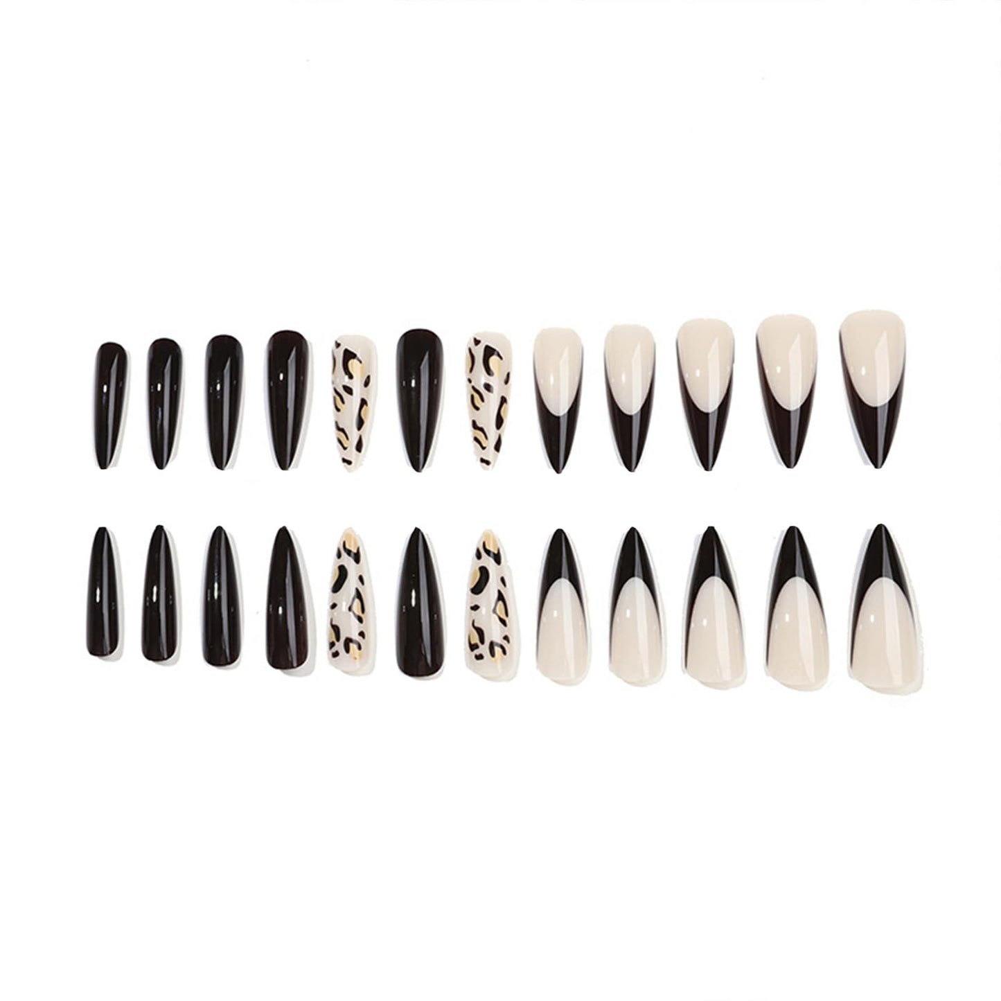 SINHOT Stiletto Press on Nails Long - Long Fake Nails, Glossy Finish, Wine Red French Tip & Leopard Print, DIY Artificial False Nail Art - 24 Pcs Nail Kit with Glue