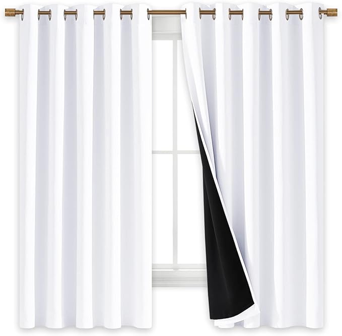 NICETOWN White 100% Blackout Lined Curtains, 2 Thick Layers Completely Blackout Window Treatment Thermal Insulated Drapes for Kitchen/Bedroom (1 Pair, 70 inches Width x 63 inches Length Each Panel)