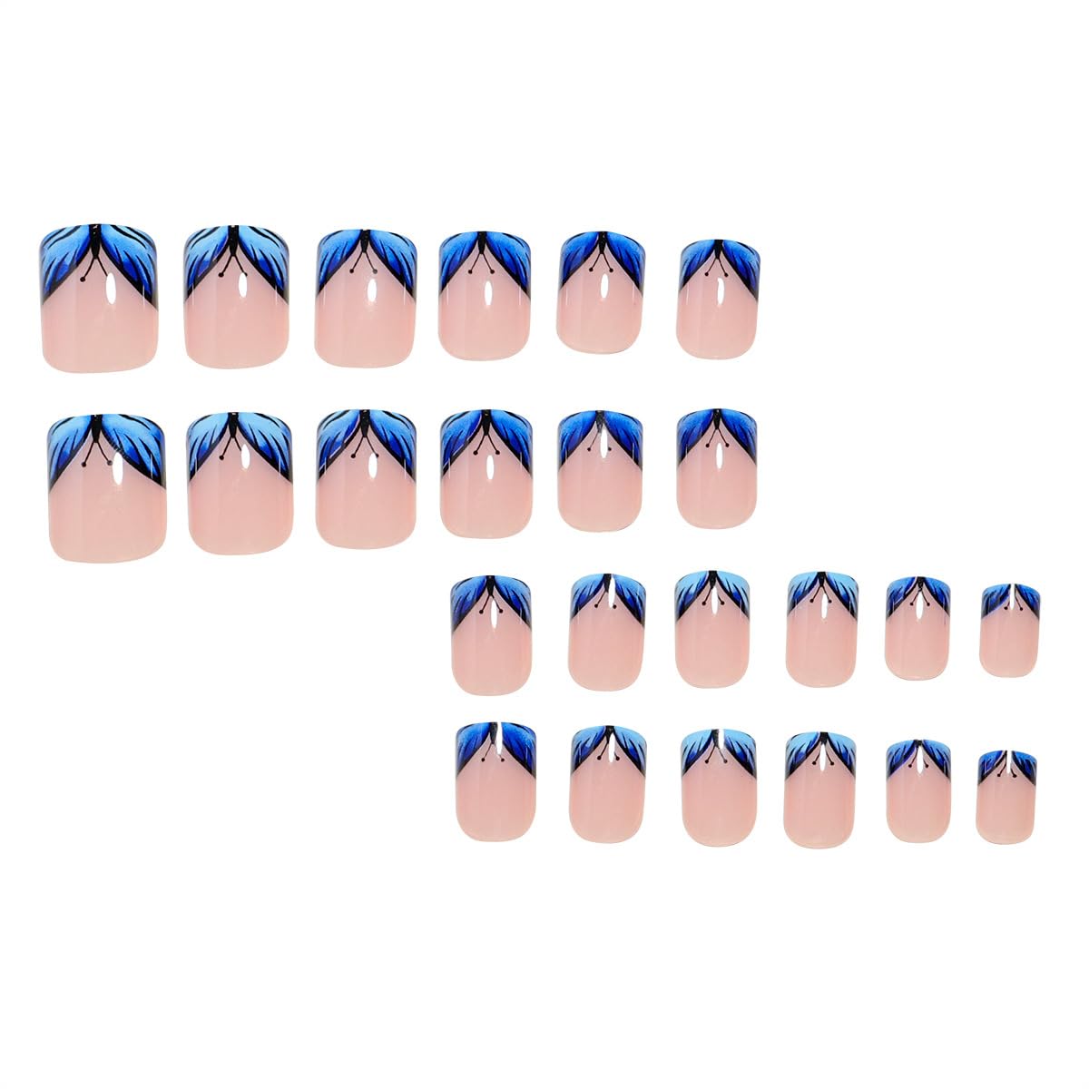 French Tip Press on Nails Short Square Fake Nails Blue Butterfly False Nails Spring Acrylic Nails Glossy Artificial Nails Press ons Glue on Nails for Women Girls Manicure Decoration 24Pcs