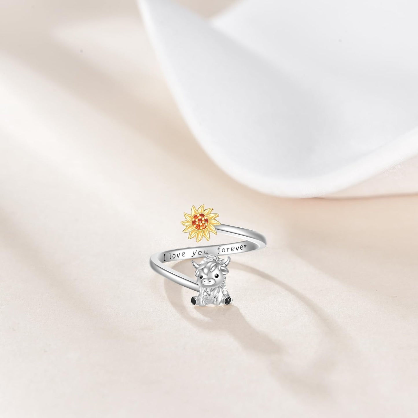 JBAERD Highland Cow Ring Sterling Silver Adjustable Cow Ring Sunflower Animal Jewelry Gifts for Women