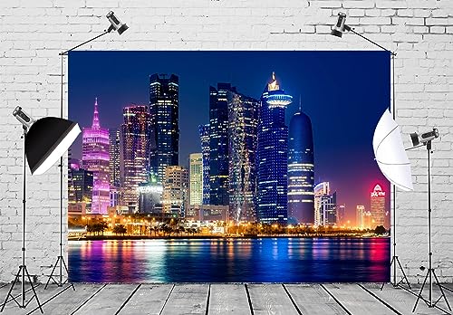 BELECO 9x6ft Fabric City Night Backdrop Modern Luxury Buildings Skyline and Skyscrapers Urban Cityscape Background Backdrop Home Decor Photo Booth Studio Props - size: 9x6FT