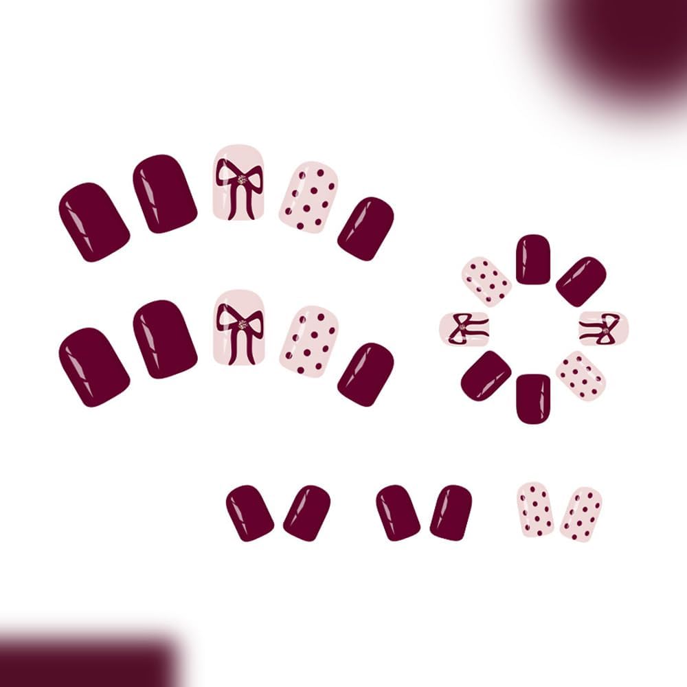 Red Press on Nails Polka Dot Short Square Acrylic Nails Fake Nails with Bow Design Cute Gel Artificial Nails Holiday Fingernails Glue on Nails Winter Valentines Stick on Nails for Women 24Pcs