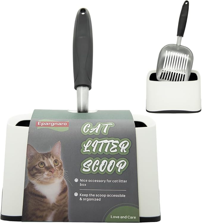 Epargnaro Heavy Duty Cat Litter Scoop with Holder - All Metal Cat Litter Scooper with Holder - Speed Sifter Litter Box Scooper Captures All Clumps - Aluminum Cats Litter Scooper