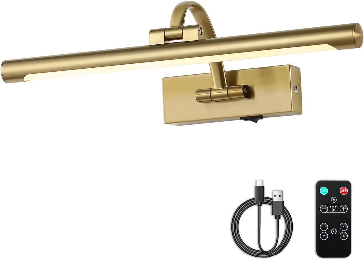 Battery Operated Picture Light with Remote and Timer, Wireless Art Lights for Paintings Brass Rechargeable Gallery Light Dimmable Artwork Lighting for Canvas, Portrait 16'' Inch Warm White