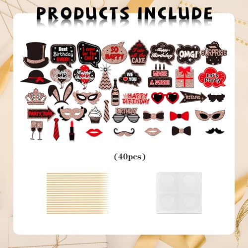 Happy Birthday Photo Booth Props, Women Girls Birthday Photoshoot Funny Bday Party Photography Props Favor Centerpiece Sticks Decorations 40 PCS