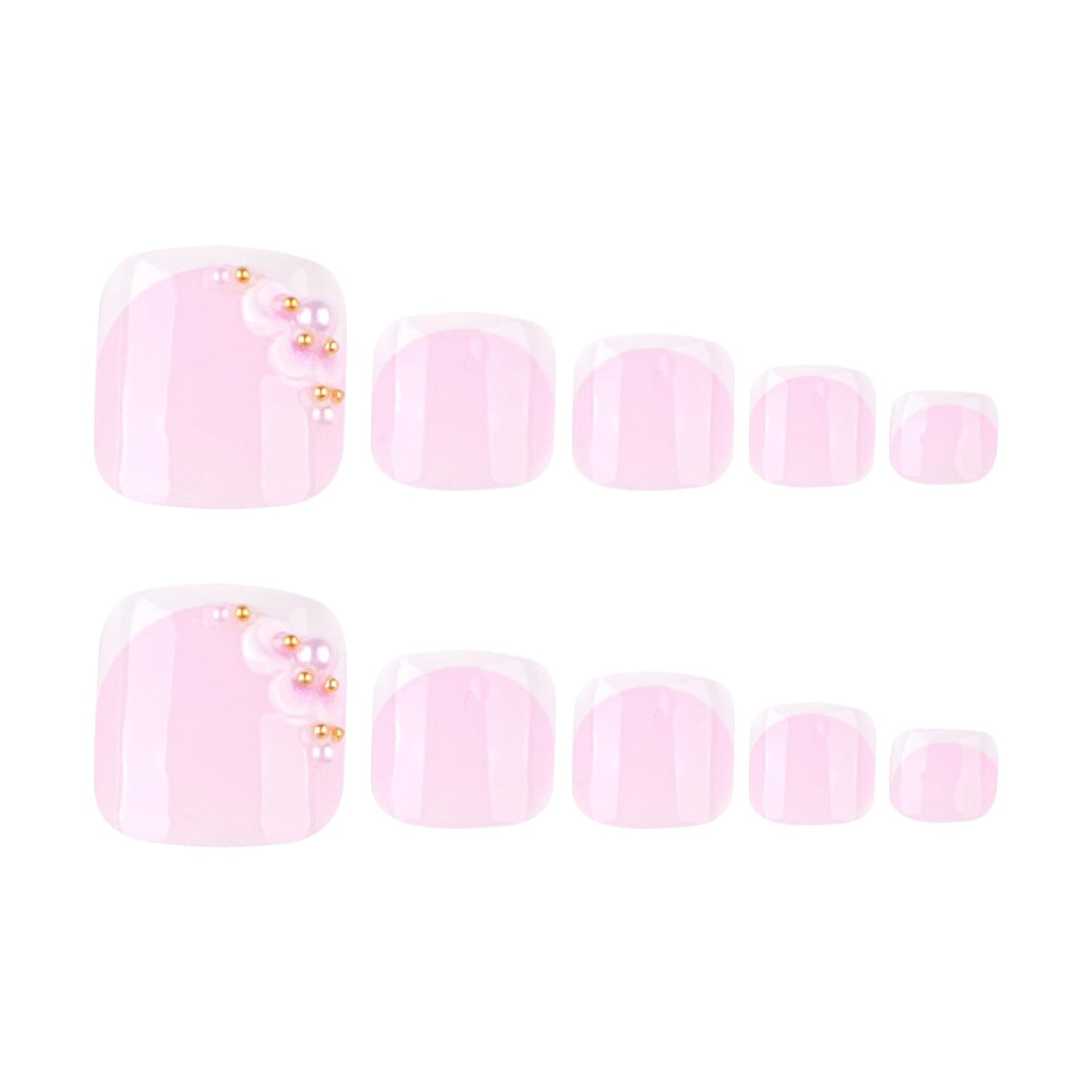 French Tip Press on Toe Nails Short Square Fake Toenails Pink 3D Flowers Acrylic Toe Nails Glossy Nature False Toenails Reusable Full Cover Glue on Artificial Nails for Women Manicure Decor 24Pcs