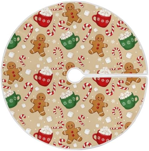 Cute Candy Cup Gingerbread Snow Christmas Tree Skirt 48" Winter Xmas Tree Skirts Mat for Happy New Year Holiday Party Supplies Rustic Ornaments Indoor Home Decor