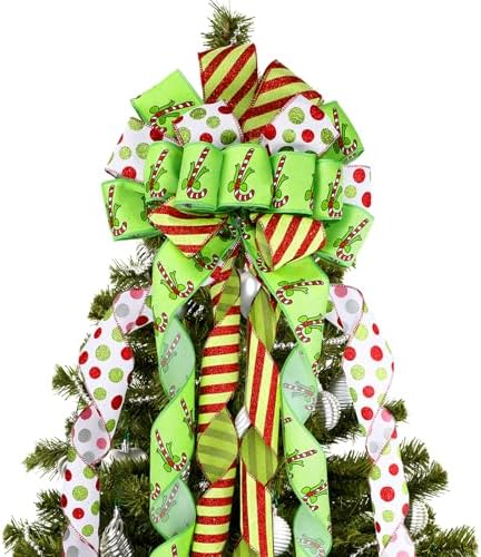 Suncalla 2 Pcs 44 x 13 Inch Large Christmas Tree Toppers Green Christmas Tree Ornaments Candy Cane Ribbon Bows Lime Green Glitter Polka Dot Wreath for Xmas Holiday Indoor Outdoor Front Door Staircase