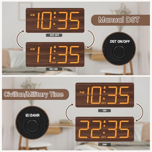 DreamSky Wooden Digital Alarm Clock for Bedroom with Large Numbers | Desk Clock for Living Room Office, Loud Alarm for Heavy Sleepers Adults, Volume Control, Dimmer, DST, Wood Decor (Plug-in)