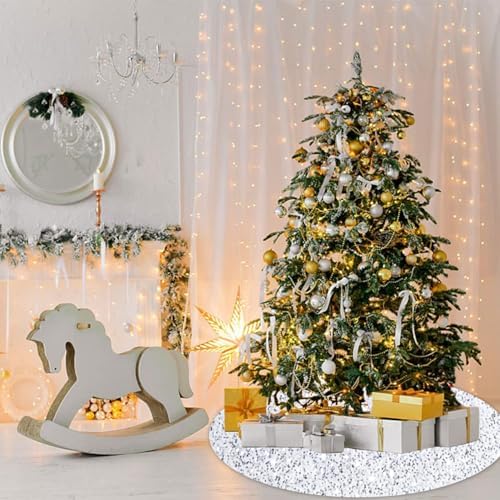Velvet Christmas Tree Skirt White and Silver Sequin Tree Skirt 21 Inch Round Tree Mat Luxury Embroidered Sequined and Velvety Xmas Tree Skirts Sparkly Skirt for Small Tree Christmas Holiday Decor