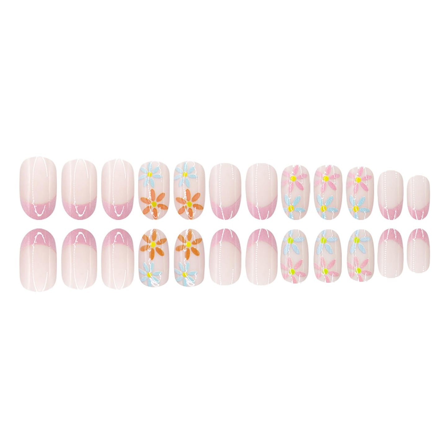 24Pcs Short Press On Nails Almond Fake Nails French Tip False Nails With Cute Flowers Designs Spring Summer Nails Press Ons Full Cover Glue On Nails Glossy Stick On Nails For Women