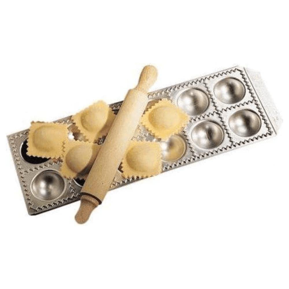 12-Hole Aluminum Round Ravioli Maker with Rolling Pin