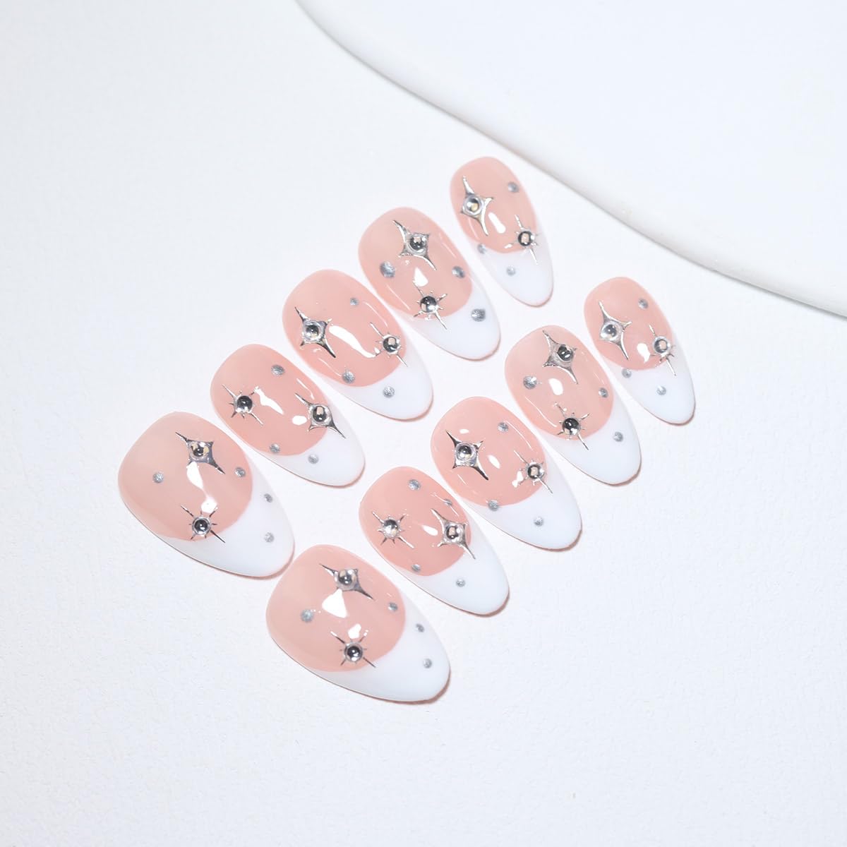 10 Pcs Short Almond Handmade Press On Nails | French Tip with Silver Starburst & Rhinestone Accents | Reusable, Easy to Apply & Remove, Salon-Quality Manicure (RR10, S)
