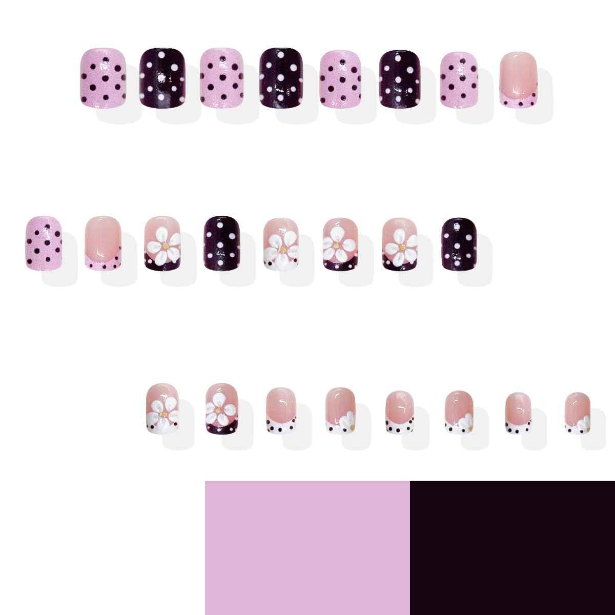 Polka Dot Press on Nails Short - Square Fake Nails with 3D Flower Designs Spring Glue on Nails Pink & Brown French Tip Nails Press ons Glossy Full Cover Stick on Nails for Women Girls 24Pcs