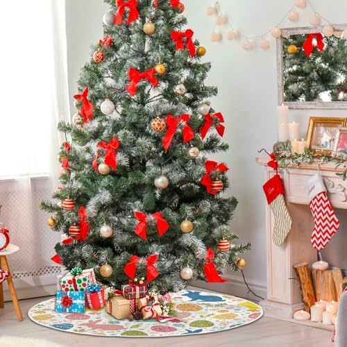 Easter Eggs Bunny Tree Skirt 36 in Rabbits Peeps Egg Christmas Tree Skirt Floral Flowers Xmas Tree Skirts Stand Mat Easter Holiday Party Garden for Indoor Outdoor Home Office Ornaments