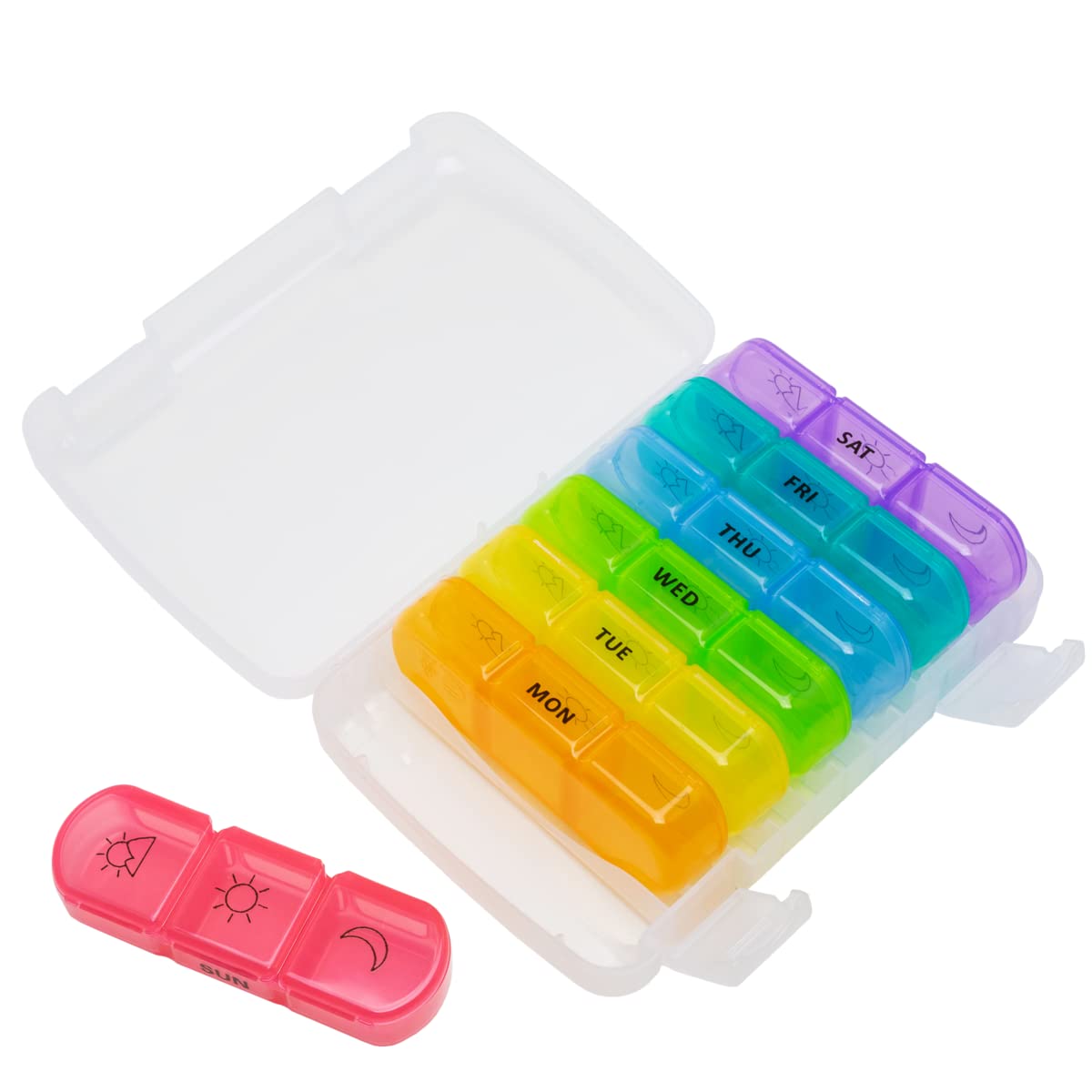 EZY DOSE Weekly (7-Day) Daily Medtime Pill Organizer Case, Vitamin Planner and Medicine Container, Removable Large Pop-Out Individual Compartments, 3 Times a Day, Travel Friendly, Rainbow, BPA Free