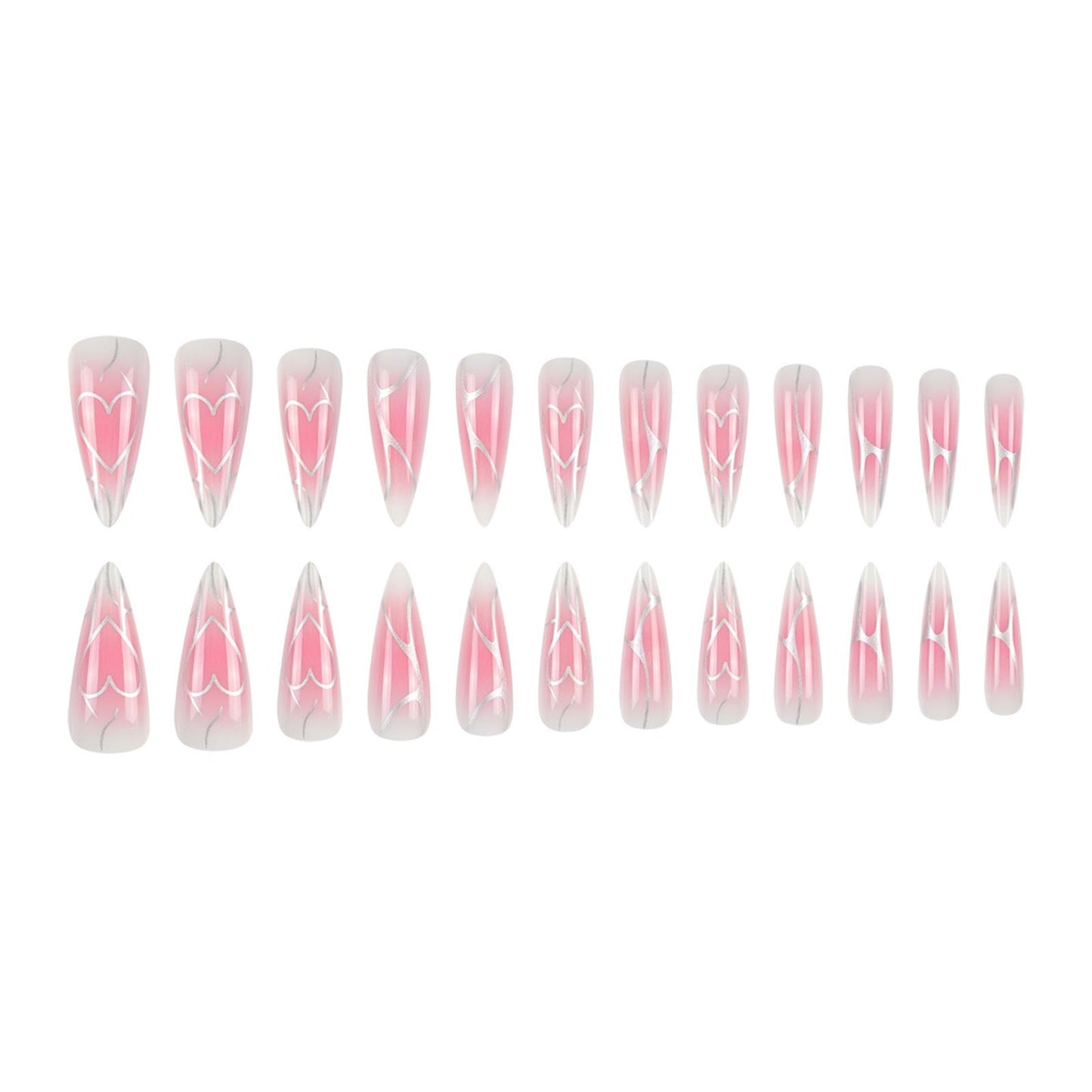 SINHOT Stiletto Press on Nails - Long Fake Nails, Glossy Finish, Pink Ombre & Silver Mesh Line, DIY Artificial False Nail Art - 24 Pcs Nail Kit with Glue