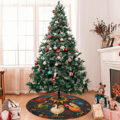 Christmas Rooster Christmas Tree Skirt Xmas Tree Skirt, Winter Christmas Tree Mat for Home Party Holiday Indoor Outdoor Decorations