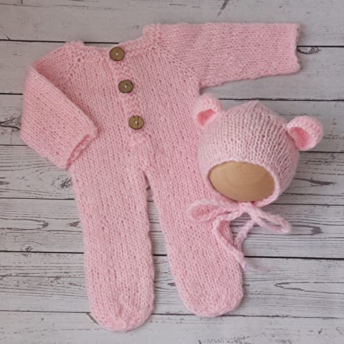 Newborn Photography Props Boys Girls Outfits Mohair Bear Hat Bonnet & Footed Romper Bodysuit Photoshoot Costume Set - color: Pink