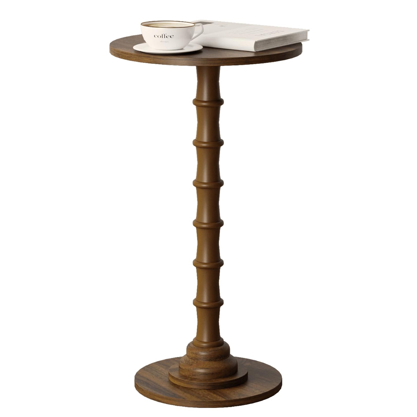 Leomonio Round Side Table, Modern Drink Table for Small Spaces, Slim End Table with Solid Wood Leg for Living Room, Bedroom, Corners, and Office (Walnut Brown)