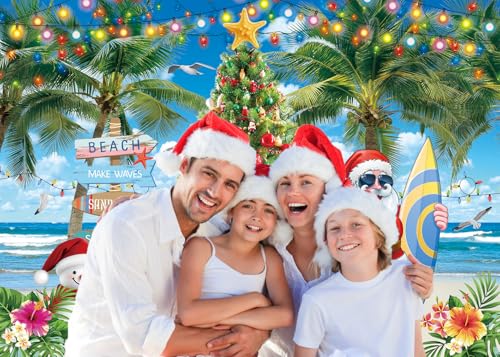 July Christmas Backdrop 10x8FT Summer Beach Santa Claus Christmas Tree Photography Background Tropical Hawaiian Xmas Party Decorations Supplies Photo Props - size: 10x8FT: 120x96 inch
