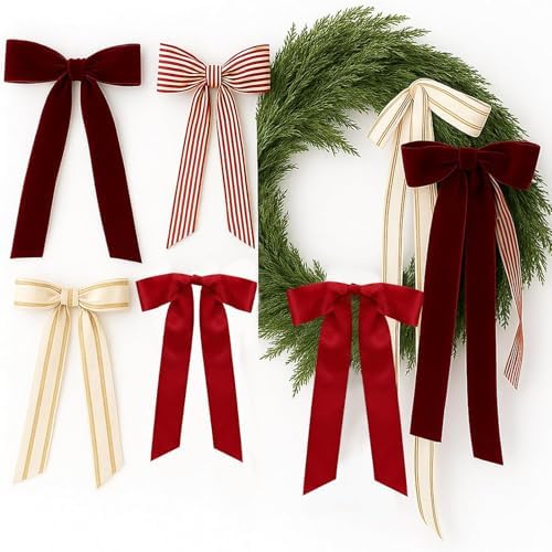 Suncalla 8 Pcs Christmas Wreath Bows Farmhouse Stripe Velvet, 13.8-17.7 in