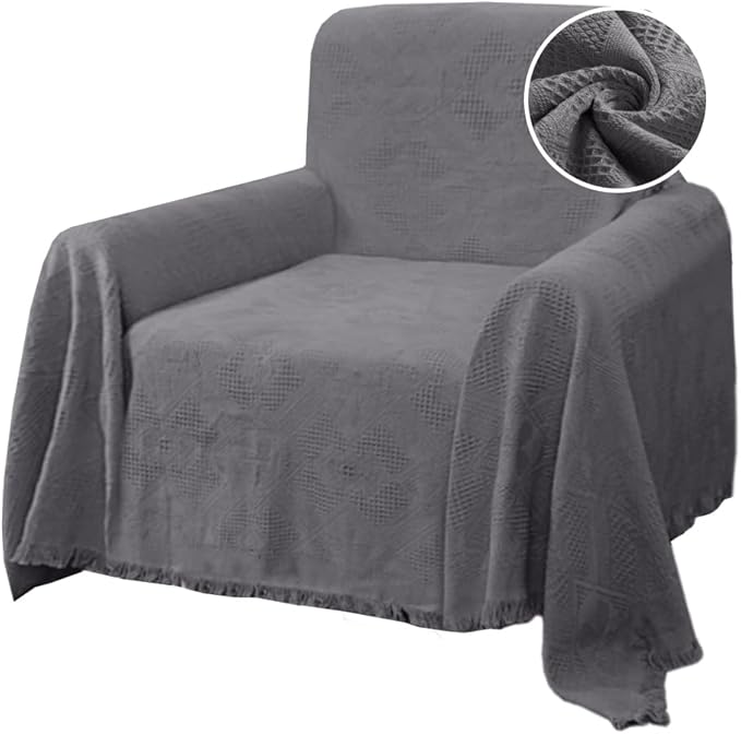 H.VERSAILTEX Cotton Sofa Covers Couch Cover Sofa Slipcover for Most Shape Sofas, Feature Thick Woven Jacquard Seamless with Tassels, Multi-Use Decorative for Couch (Medium: 71" x 91", Grey)