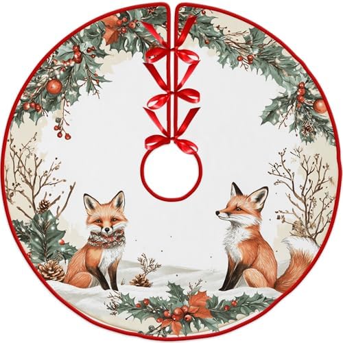 Foxes Christmas Tree Skirt by Leo Walker Large Merry Christmas Tree Rug Skirts Rustic Farmhouse Xmas Mat for Holiday Festival Party Decor