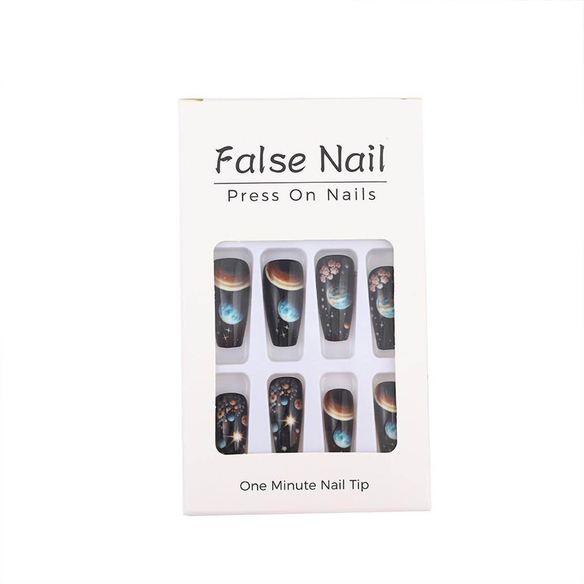 Medium Press on Nails Black Coffin Fake Nails with Full Cover Reusable Glue on Nails Glossy Planet Designs Medium Length Ballet Acrylic Stick on Nails for Women Girls 24Pcs