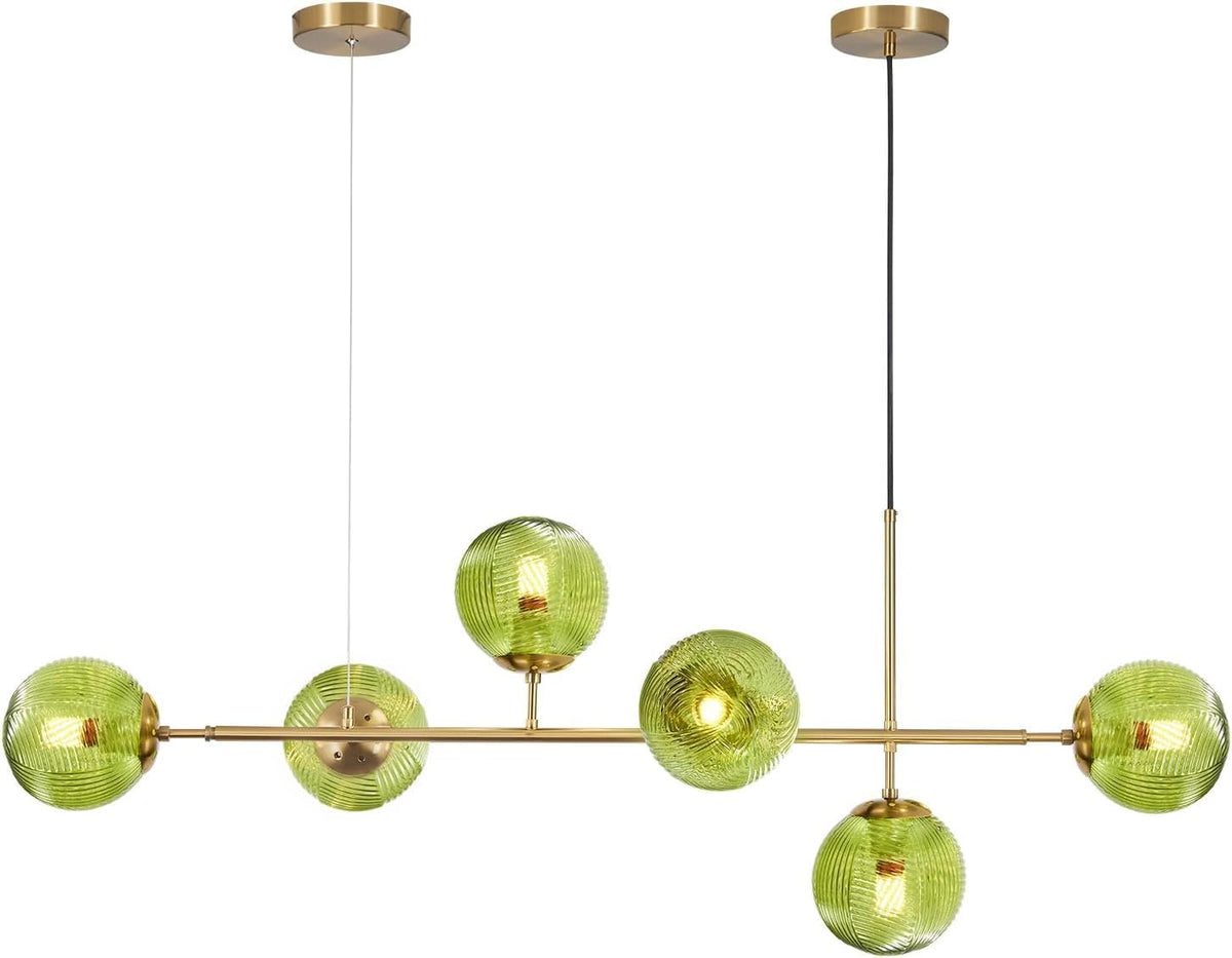 KCO Lighting 6 Green Glass Pendant Lights Kitchen Island Mid Century Modern Globe Sputnik Chandelier Brushed Gold Linear Island Light Fixture for Dining Room