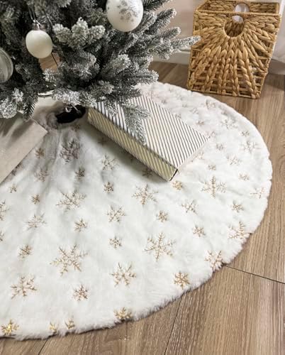 AOGU 60 Inch Sequin Faux Fur Christmas Tree Skirt Decoration for Merry Christmas Party White Plush Gold Sequin Snowflake Xmas Christmas Tree Skirt Decorations