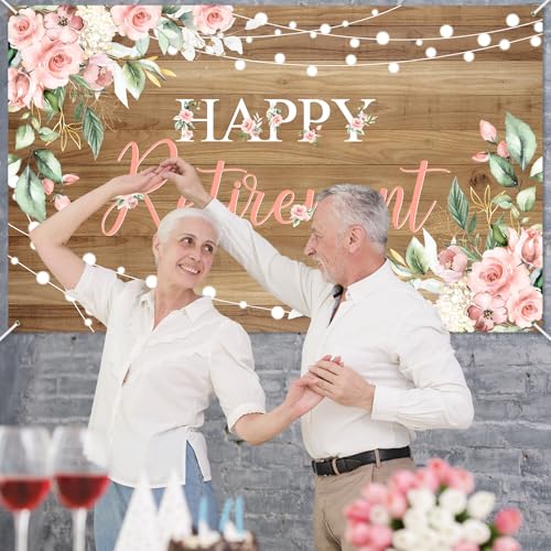 Mocsicka Rustic Retirement Backdrop Banner Women Happy Retirement Party Decorations Pink Floral Retired Party Photo Booth Props (6x3.6ft) - size: 6x3.6ft