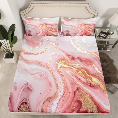 Girly Marble Bed Sheets - Pink Gold Marble Design Sheet Set for Kids & Teen Girls, Soft Modern Texture Print, 3-Piece Glitter Bedding Set (1 Fitted, 1 Flat, 1 Pillowcase) - color: Multi 02, size: Twin
